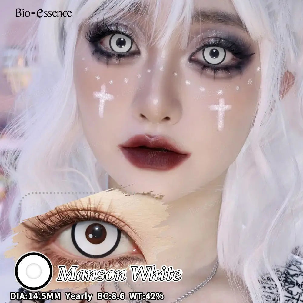 Bio-essence 2Pcs Cosplay Colored Contact Lenses Crazy White Contact Lenses Anime Black Eye Lenses Halloween Beauty Makeup Lens