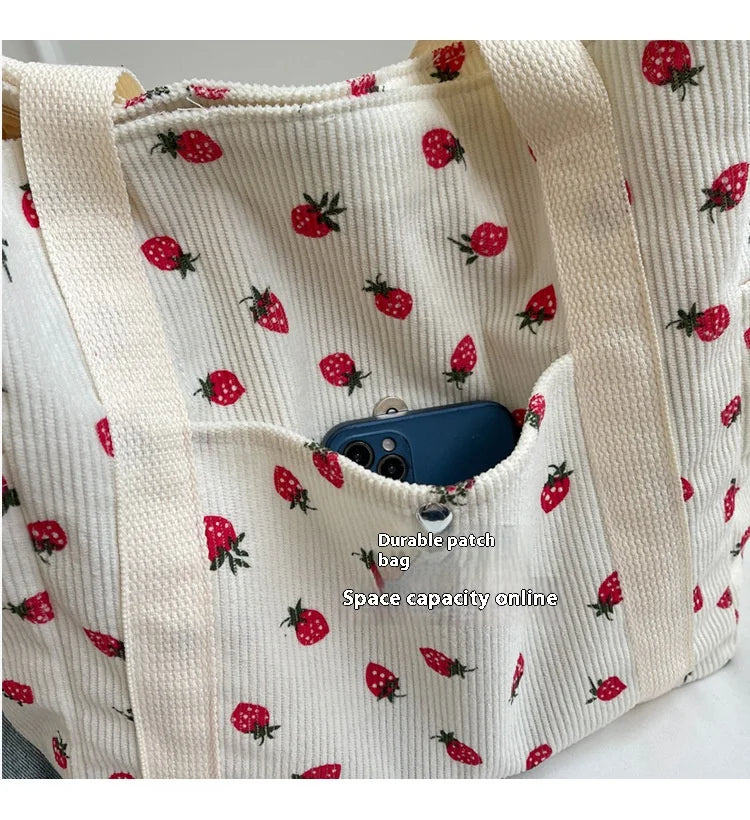 Strawberries Corduroy Handbag Sweet Women's Bag Fashionable Versatile Shoulder Bag Beautiful Simple Commuter Women's Tote Bags