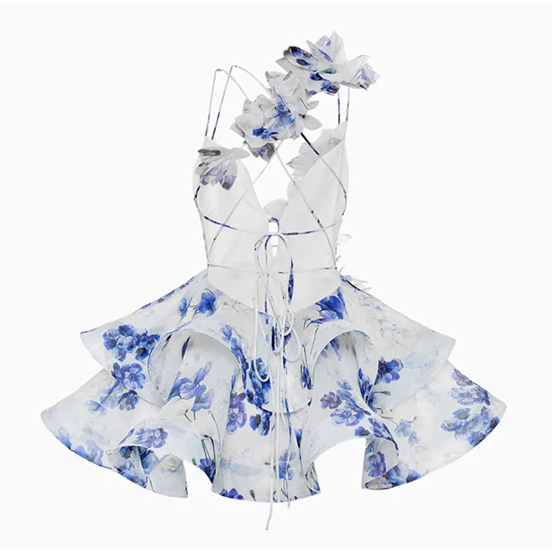 Backless Party Dress Women Elegant 3D Flower Print Sling Lace Up Ruffle A-line Mini Evening Dresses Female 2025 Summer Swimwears