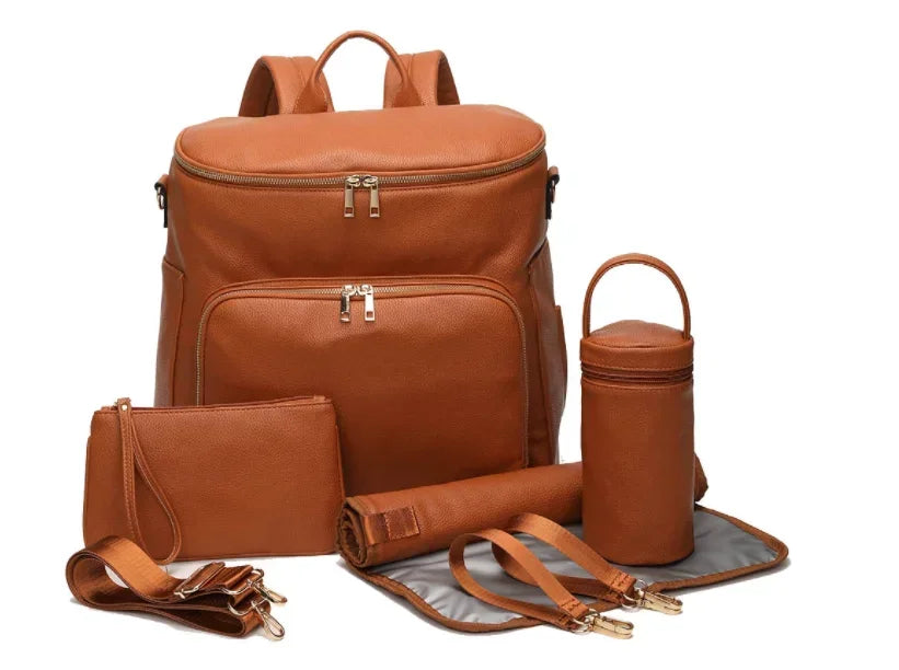7-in-1 Baby Diaper Bag Solid PU Leather Mummy Maternity Bag Large Capacity Travel Back Pack Stroller Bags with Changing Pad