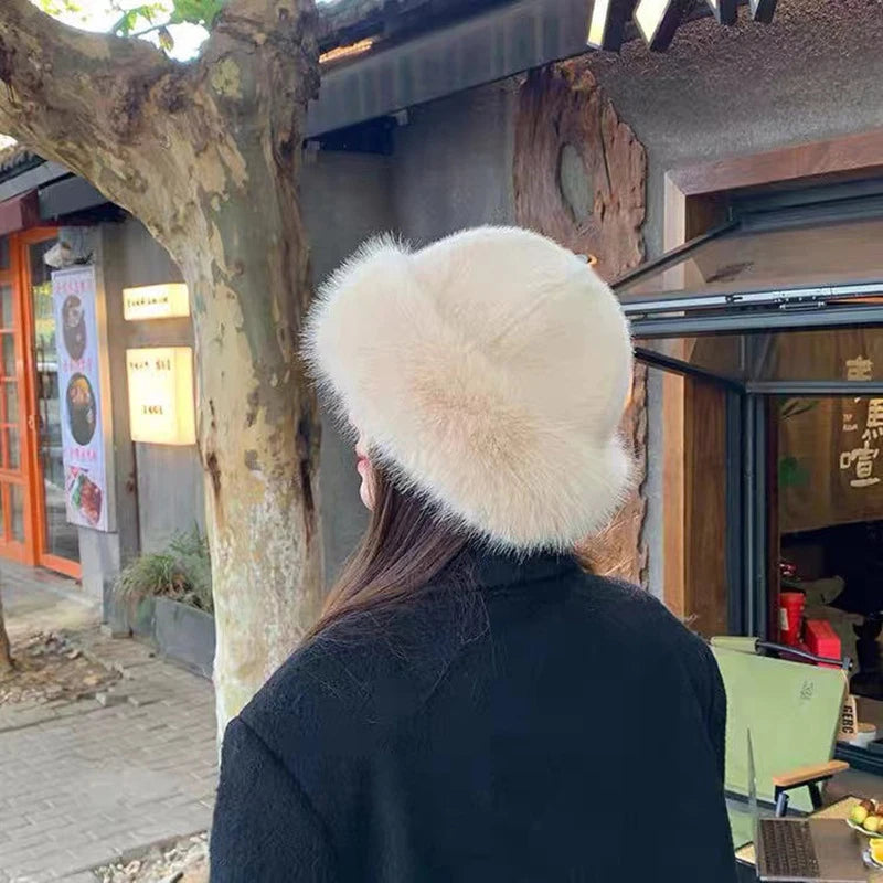 Winter Thick Warm Furry Beanies Hat Women Fashion Imitation Mink Fur Russian Cap Solid Color Plush Brimless Cap Brimless Ski Hat