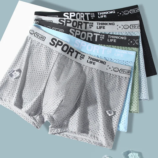 Breathable Mesh Youth Boxer Shorts Letter Print Belt Mens Underwear UltraThin Quick Drying Underpants Seamless Male Boxer Briefs
