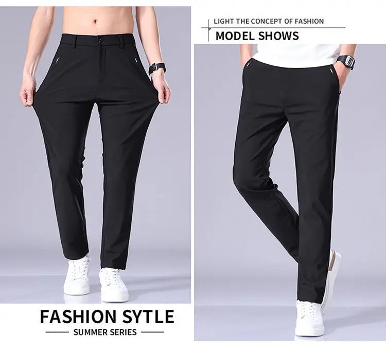 Ultra-thin Elastic Men's Casual Trousers Summer Quick-drying Ice Silk Slim Straight Business Solid Color Trousers Black Gray