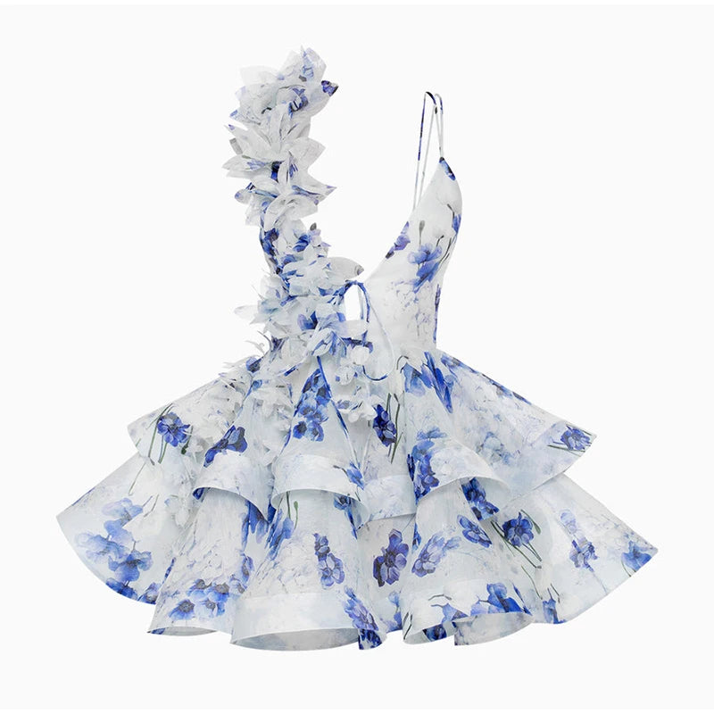 Backless Party Dress Women Elegant 3D Flower Print Sling Lace Up Ruffle A-line Mini Evening Dresses Female 2025 Summer Swimwears