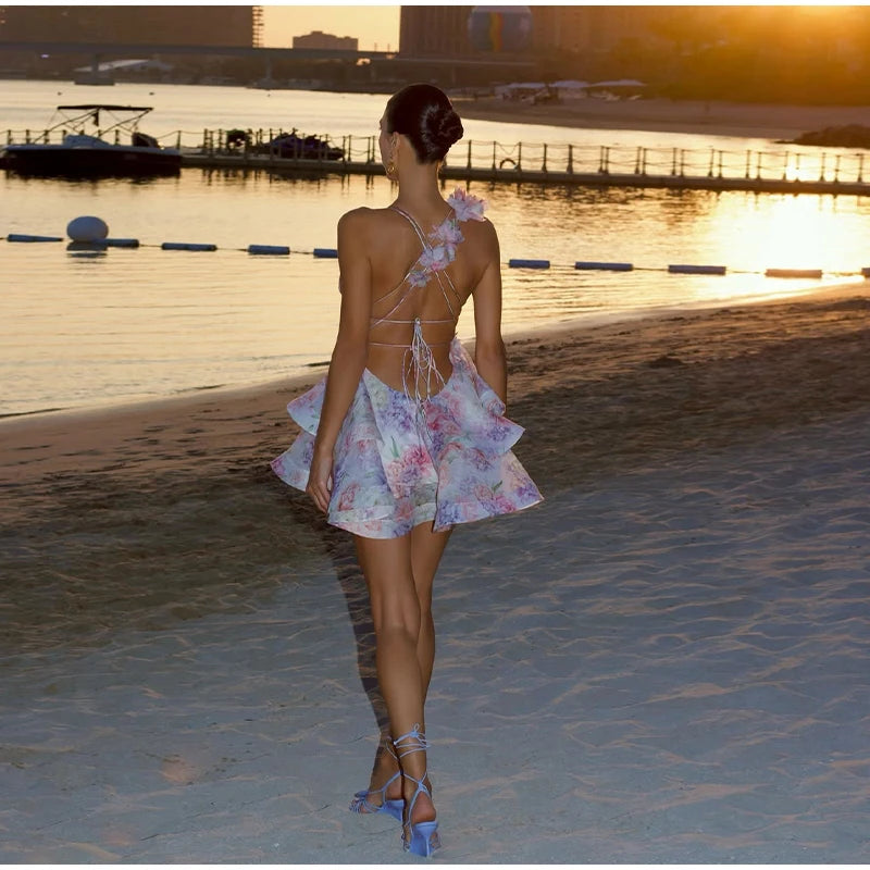 Backless Party Dress Women Elegant 3D Flower Print Sling Lace Up Ruffle A-line Mini Evening Dresses Female 2025 Summer Swimwears