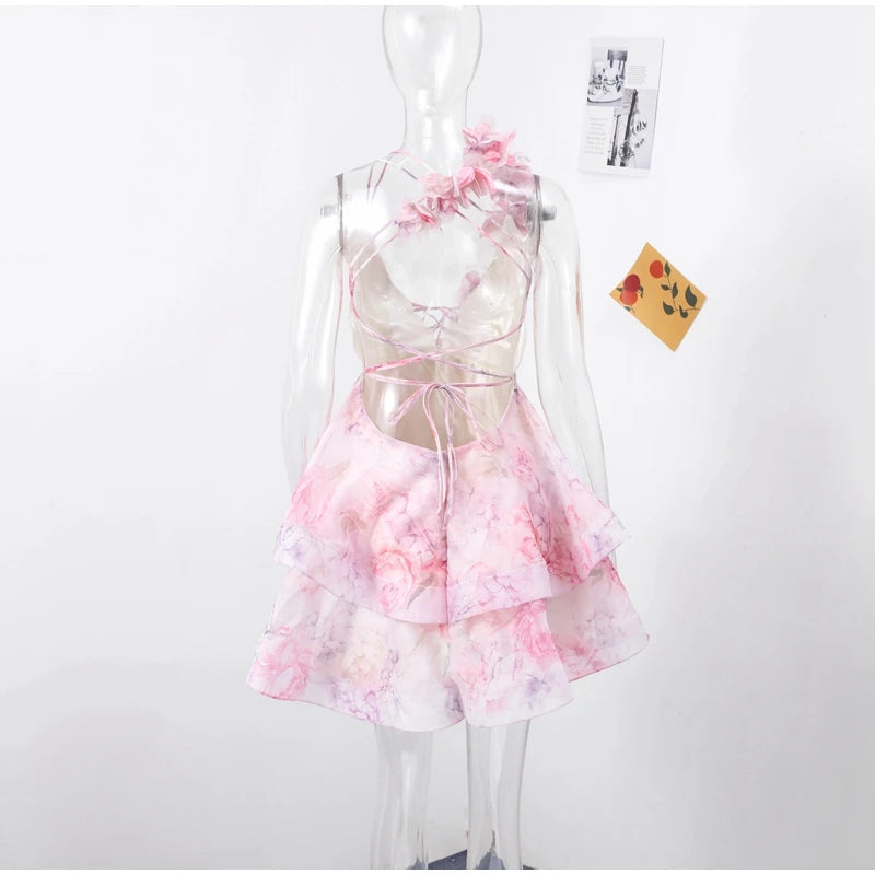 Backless Party Dress Women Elegant 3D Flower Print Sling Lace Up Ruffle A-line Mini Evening Dresses Female 2025 Summer Swimwears