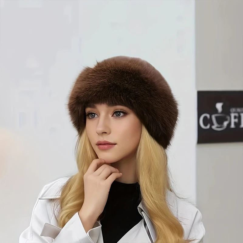 Winter Thick Warm Furry Beanies Hat Women Fashion Imitation Mink Fur Russian Cap Solid Color Plush Brimless Cap Brimless Ski Hat