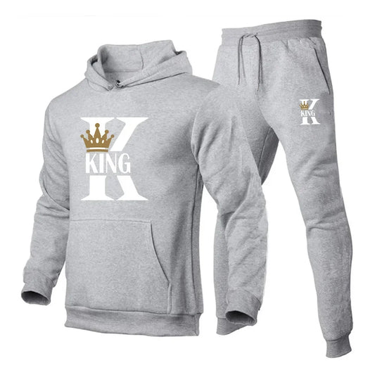 KING Printed Hoodies Suit Men's Casual Sweatershirts Pants Set Fashion Fleece Autumn Winter Jogging Pullover Sweatpants Clothing