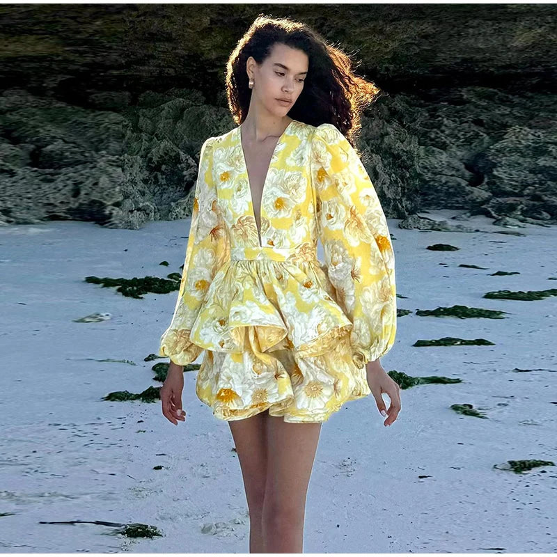 Backless Party Dress Women Elegant 3D Flower Print Sling Lace Up Ruffle A-line Mini Evening Dresses Female 2025 Summer Swimwears