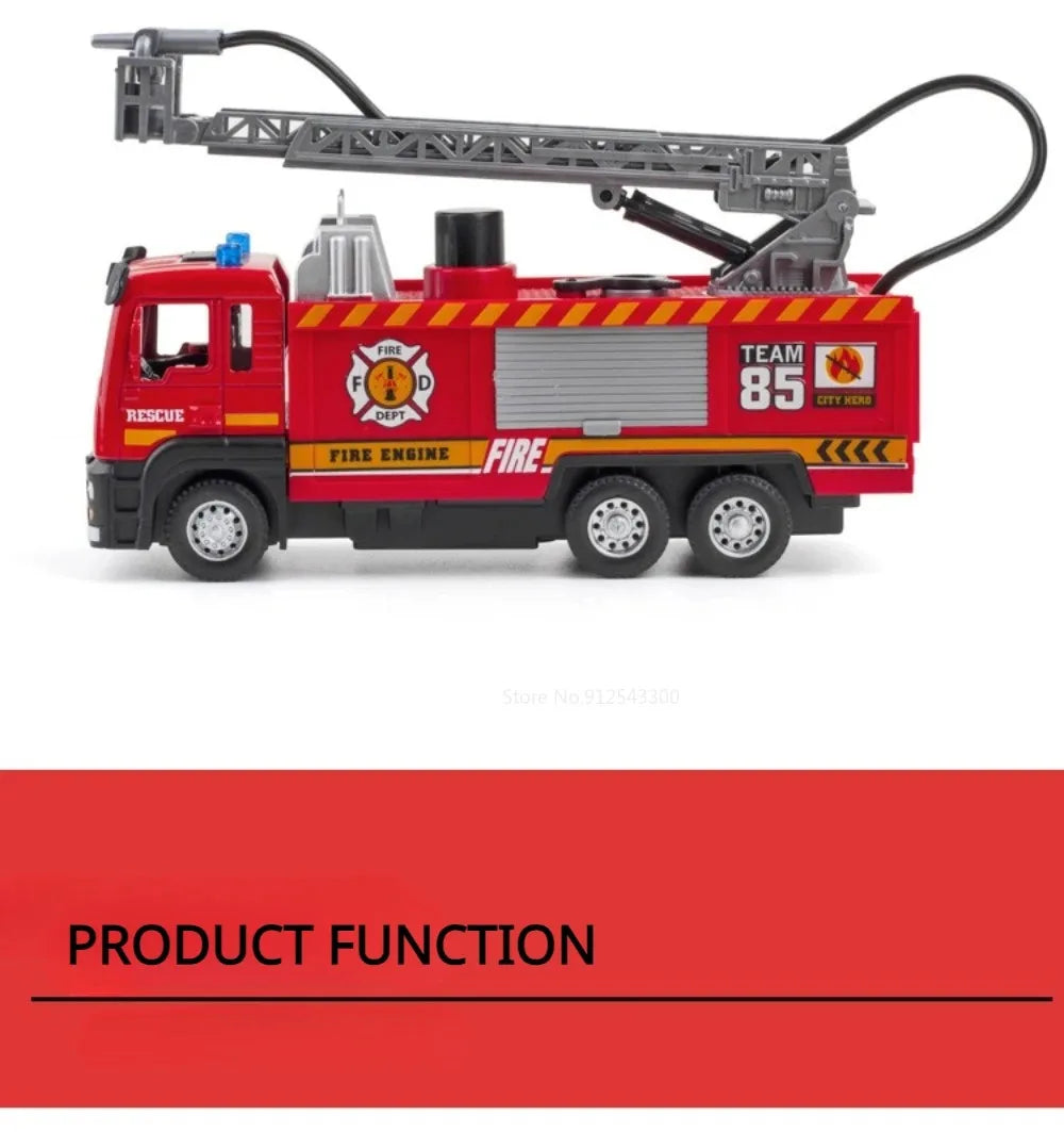 1:32 Scale Water Spray Fire Truck Model Ladder Trucks Toy Car Sound Light Pull Back Doors Opened Vehicle Collection Boys Gift