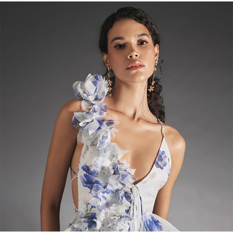 Backless Party Dress Women Elegant 3D Flower Print Sling Lace Up Ruffle A-line Mini Evening Dresses Female 2025 Summer Swimwears