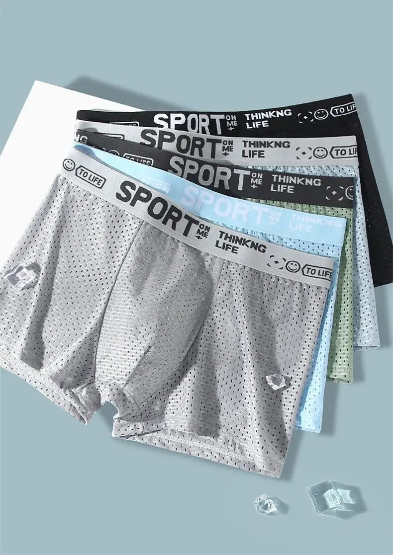 Breathable Mesh Youth Boxer Shorts Letter Print Belt Mens Underwear UltraThin Quick Drying Underpants Seamless Male Boxer Briefs