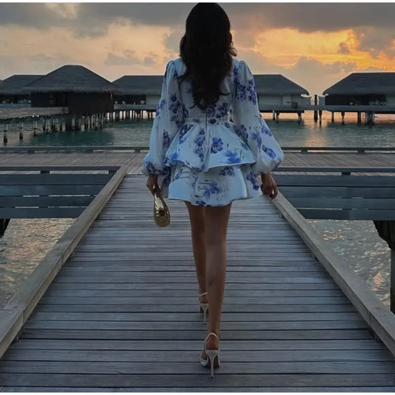 Backless Party Dress Women Elegant 3D Flower Print Sling Lace Up Ruffle A-line Mini Evening Dresses Female 2025 Summer Swimwears