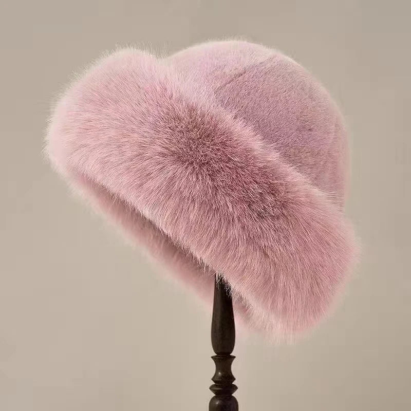Winter Thick Warm Furry Beanies Hat Women Fashion Imitation Mink Fur Russian Cap Solid Color Plush Brimless Cap Brimless Ski Hat