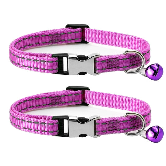 2 PCS Night Reflective Nylon Cat Collar With Bell, No Carving Purple, No Carving Grass Green, No Carving Black, No Carving Rose Red, No Carving Green, No Carving Sky Blue