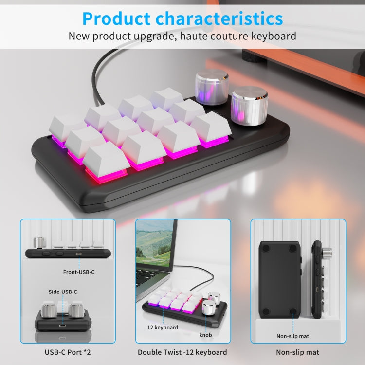 12 Keys Wired With RGB Lights Customized Office Keyboard Shortcut Keys Computer Audio Volume Control, 12 Keys+2 Knobs