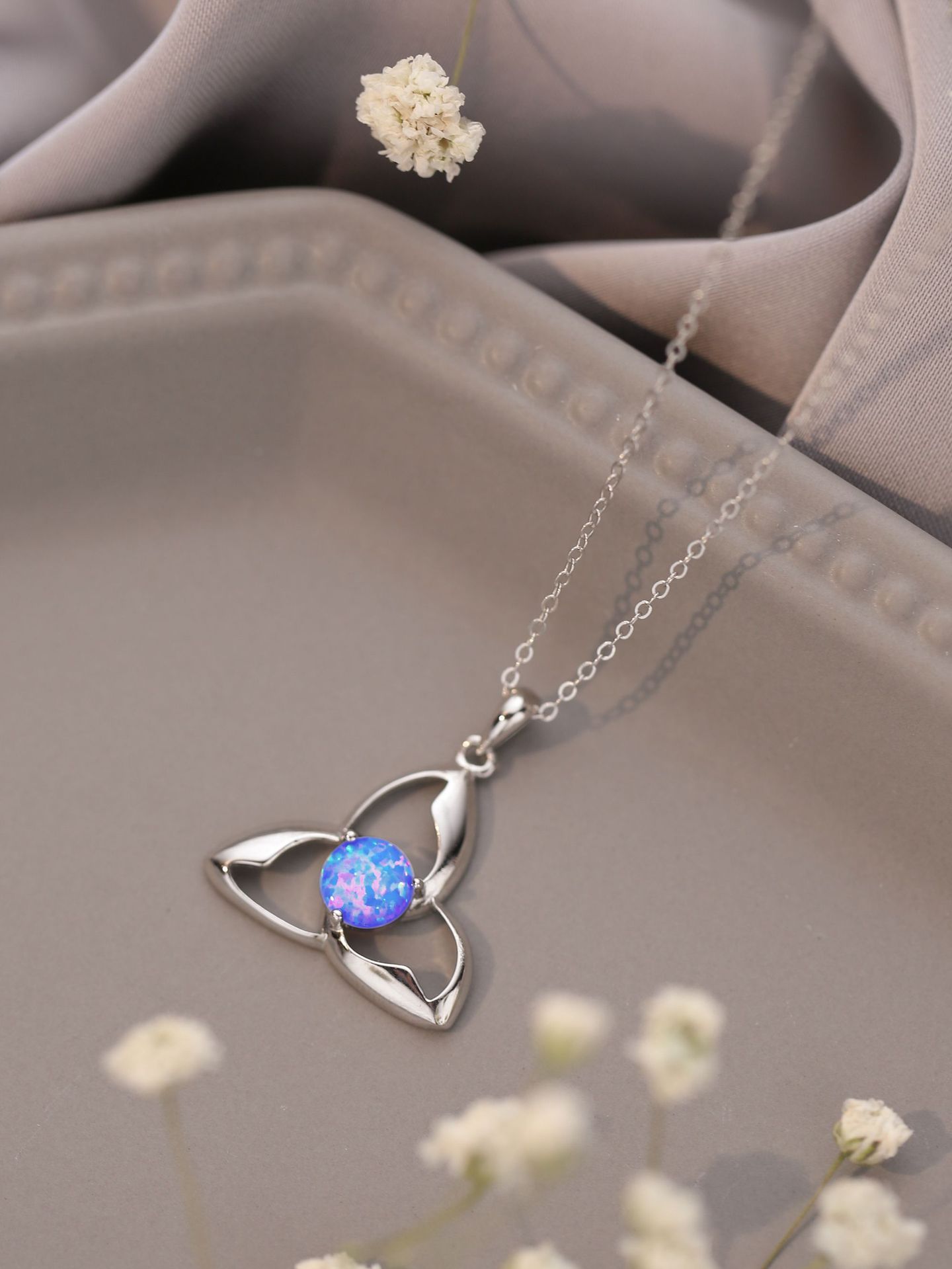 925 Silver Pendant White Round Opal Necklace