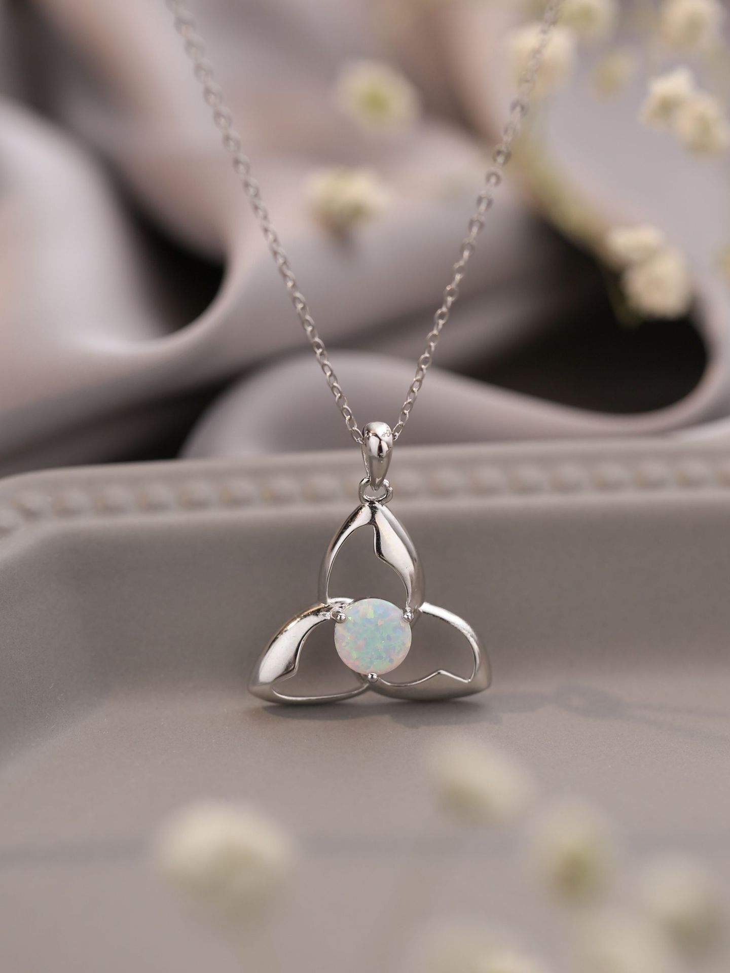 925 Silver Pendant White Round Opal Necklace