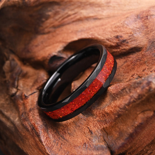 Electric Black Tungsten Steel Inlaid Red Opal Ring