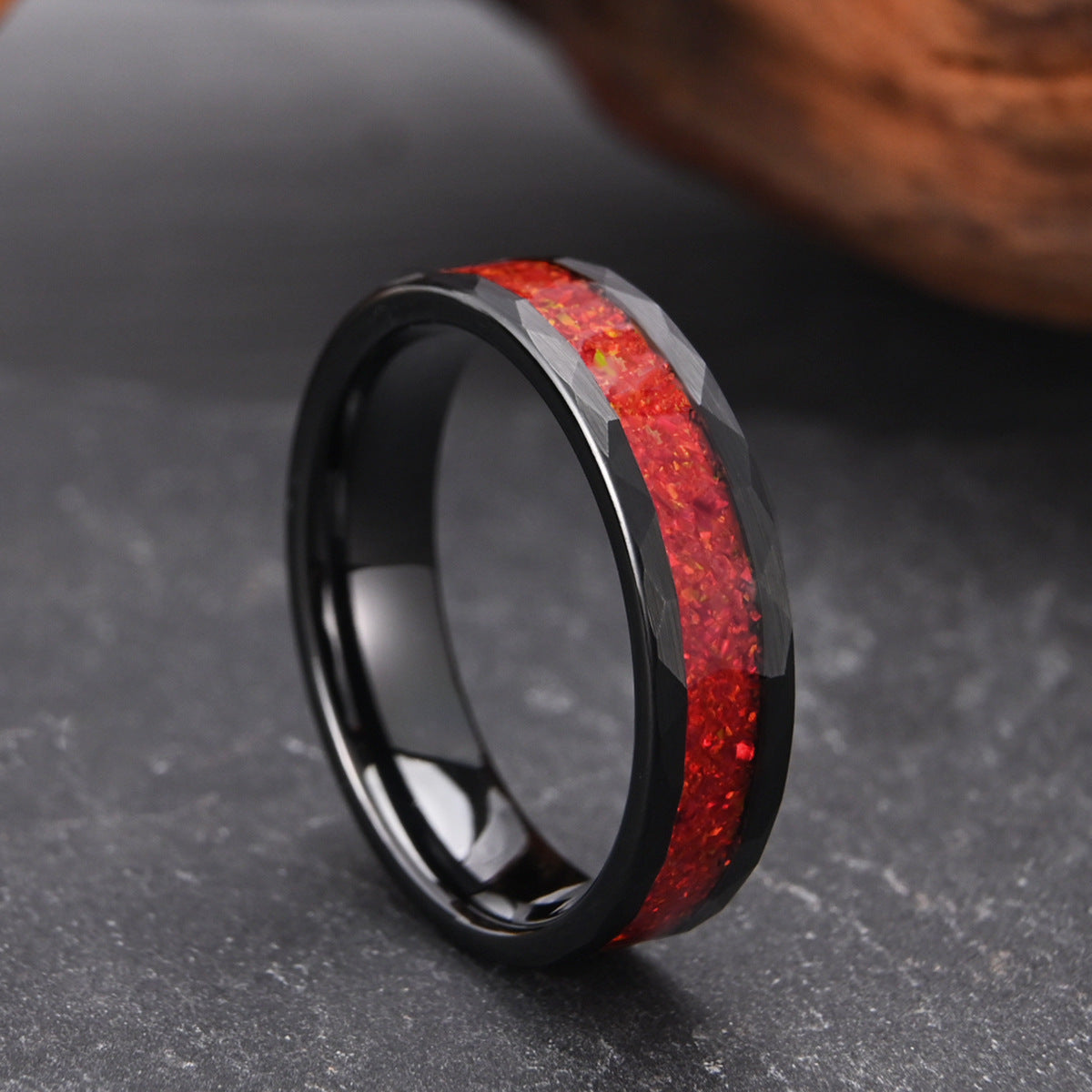 Electric Black Tungsten Steel Inlaid Red Opal Ring