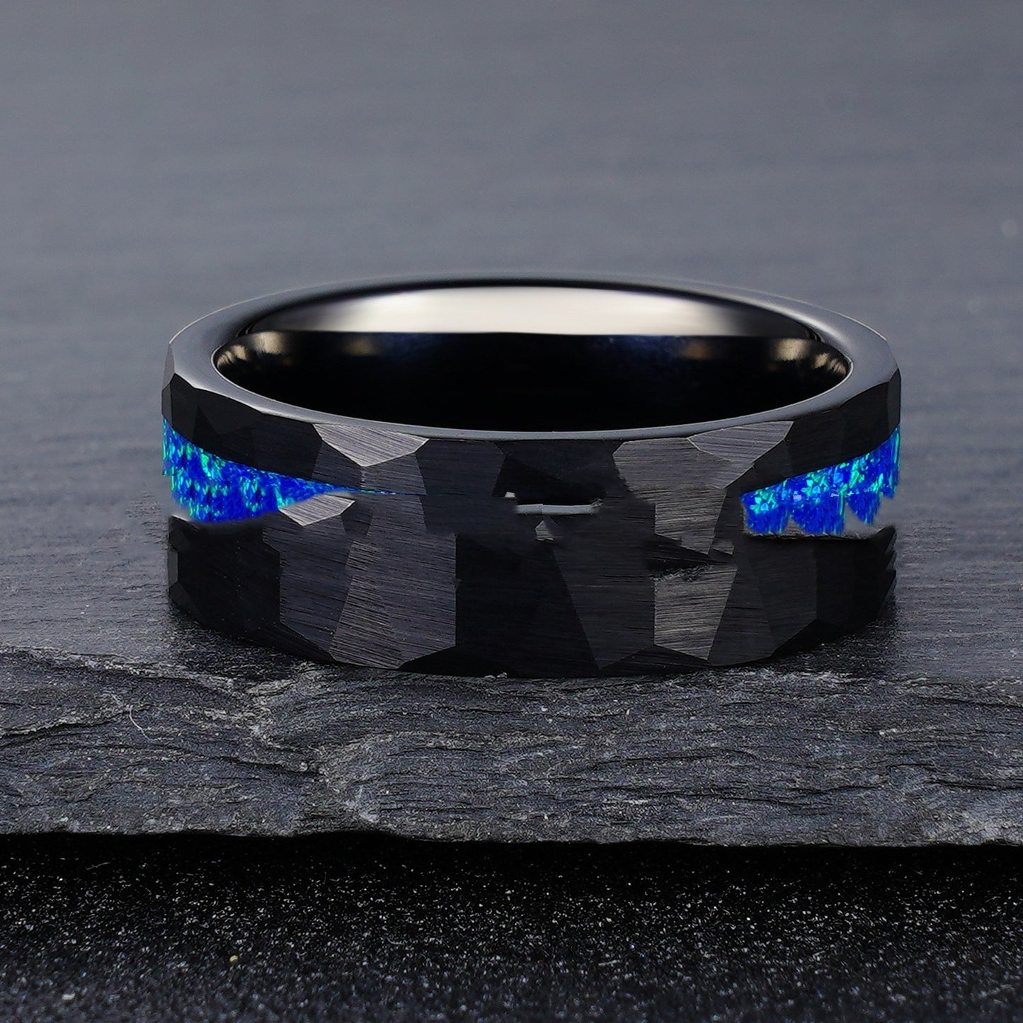Electric Black 8mm Hammer Pattern Tungsten Ring Inlaid Blue Opal